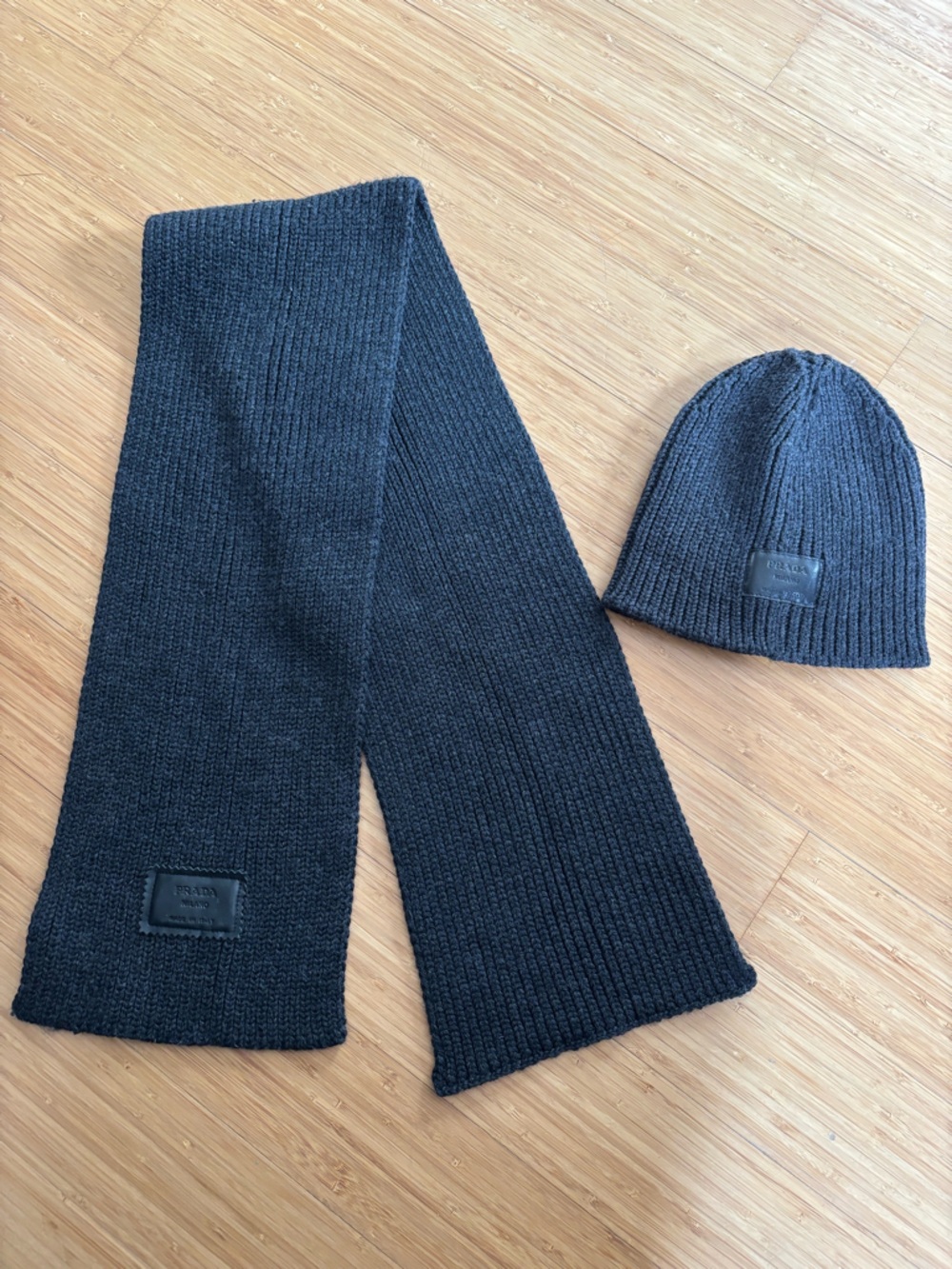 Prada Black Ribbed Knit Scarf and Beanie Set